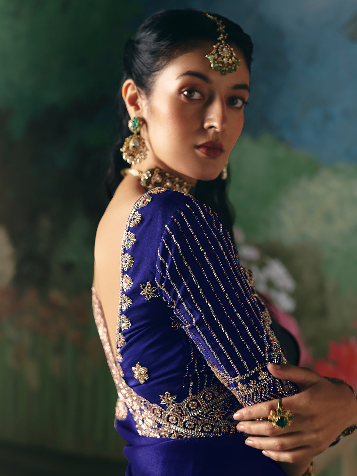 Blue chinon silk saree with heavy work blouse