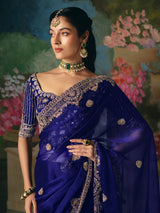 Blue chinon silk saree with heavy work blouse
