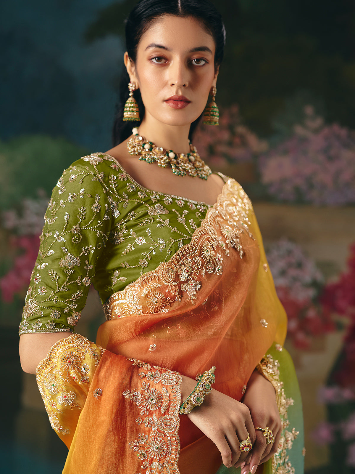 Multicolor shaded chinon silk saree for wedding