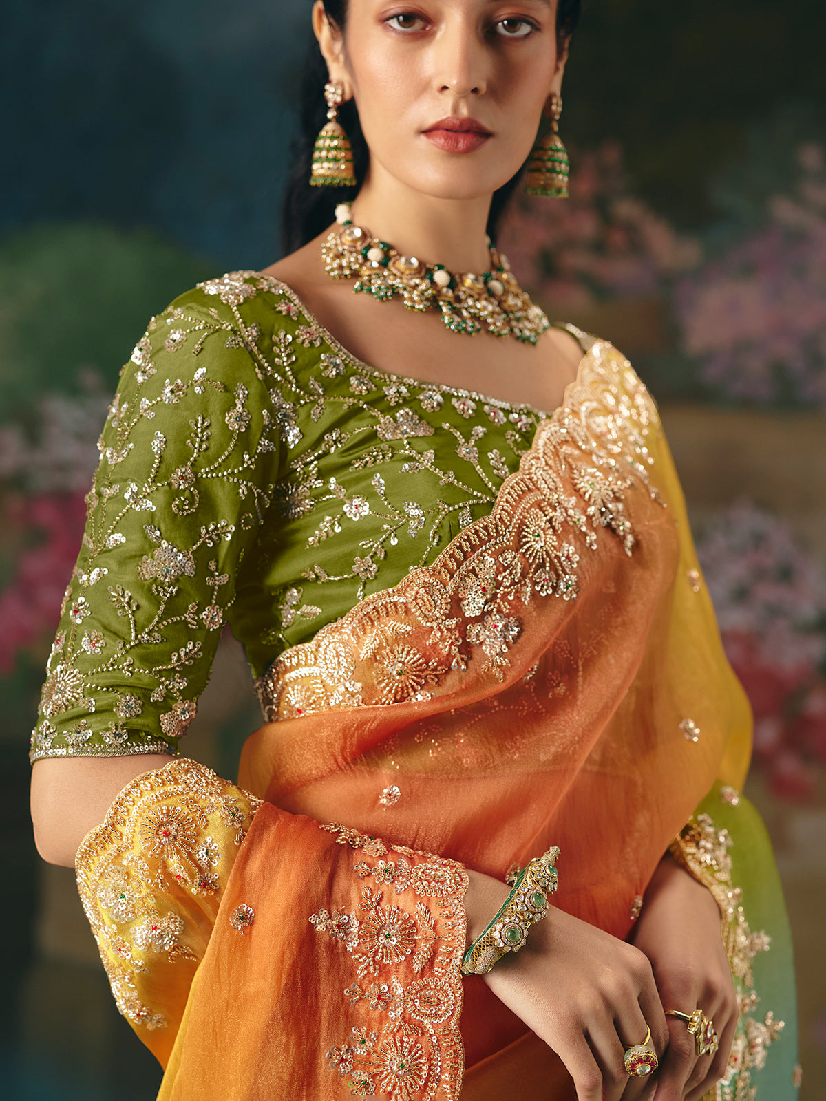 Multicolor shaded chinon silk saree for wedding
