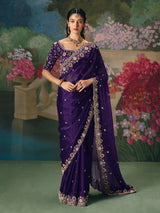 Purple chinon silk saree with heavy work blouse
