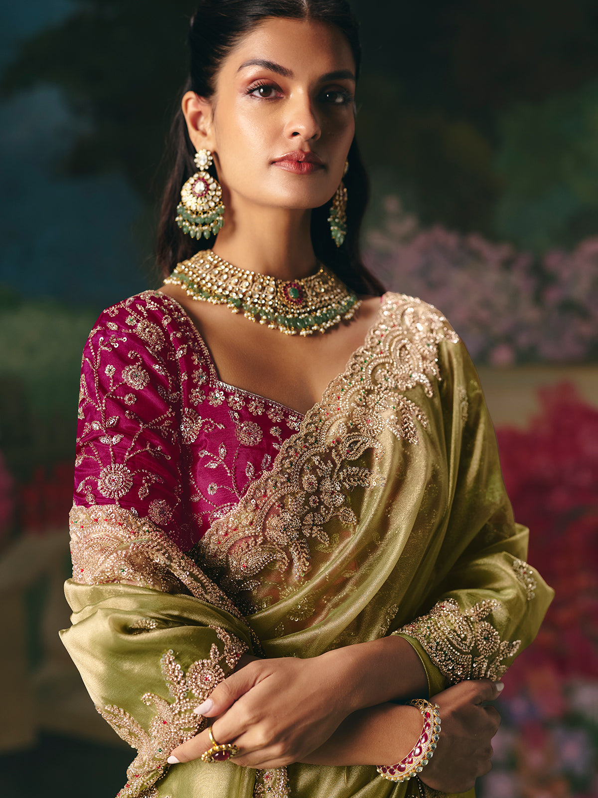 Pista green chinon silk saree for festive wear