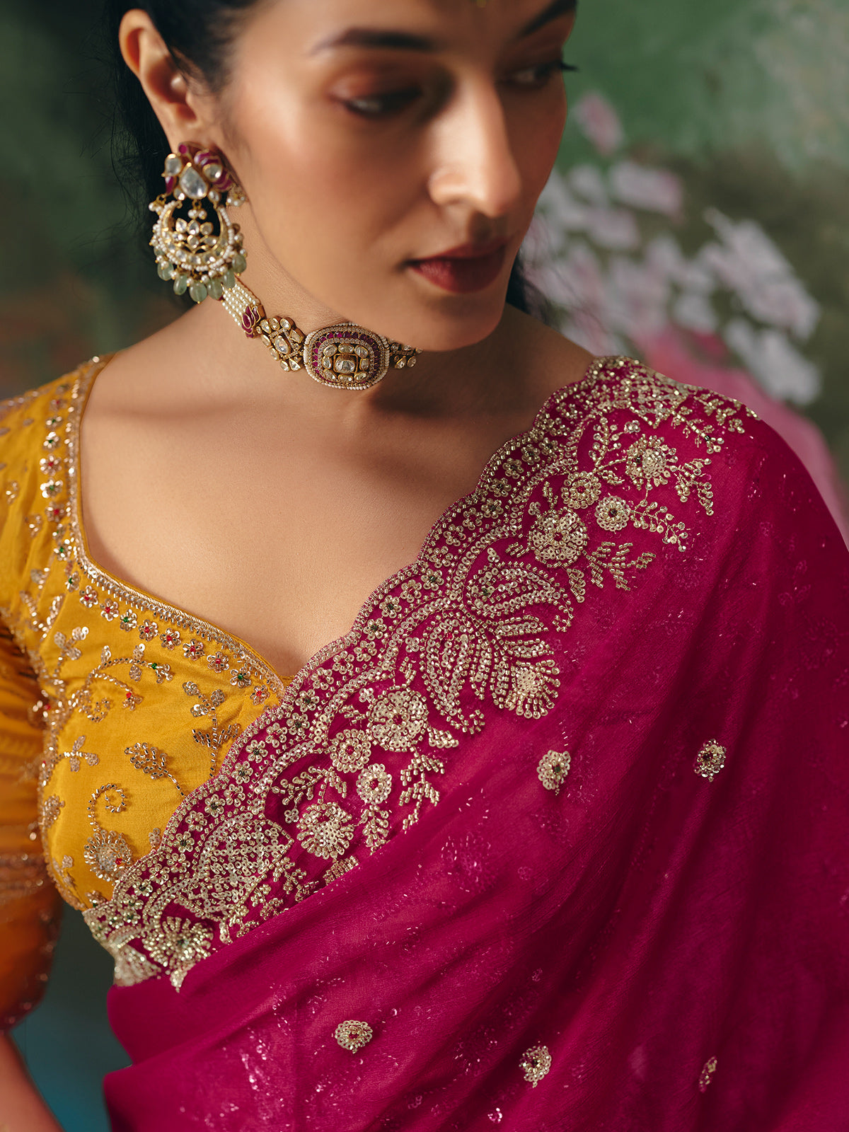 Rani pink chinon silk saree heavy contrast blouse