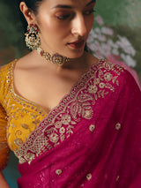 Rani pink chinon silk saree heavy contrast blouse