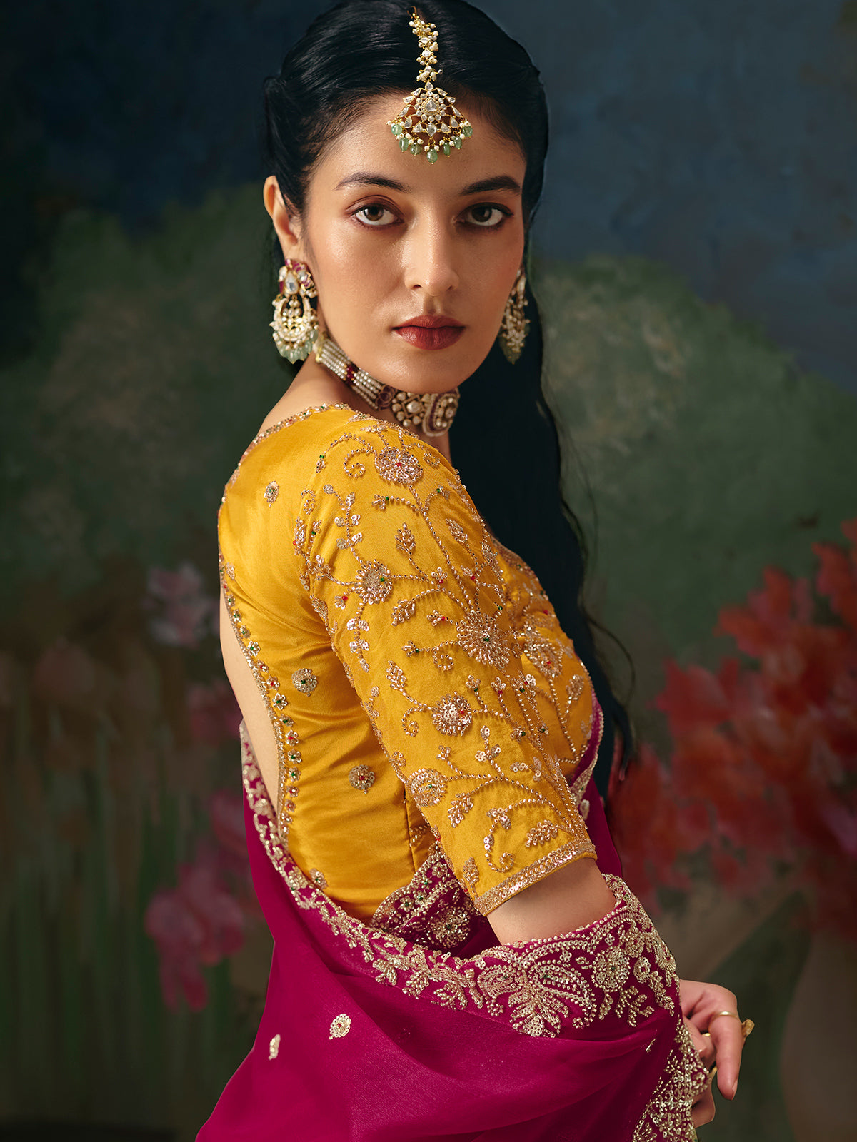 Rani pink chinon silk saree heavy contrast blouse
