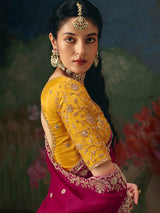 Rani pink chinon silk saree heavy contrast blouse