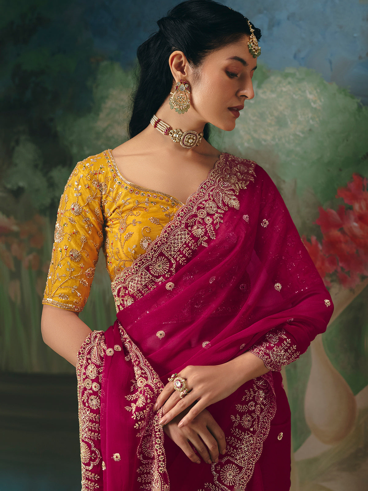 Rani pink chinon silk saree heavy contrast blouse