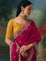Rani pink chinon silk saree heavy contrast blouse