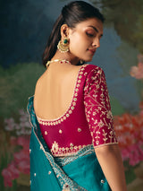 Aqua blue chinon silk saree with contrast blouse