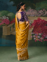 Mustard yellow chinon silk saree for wedding wear