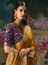 Mustard yellow chinon silk saree for wedding wear