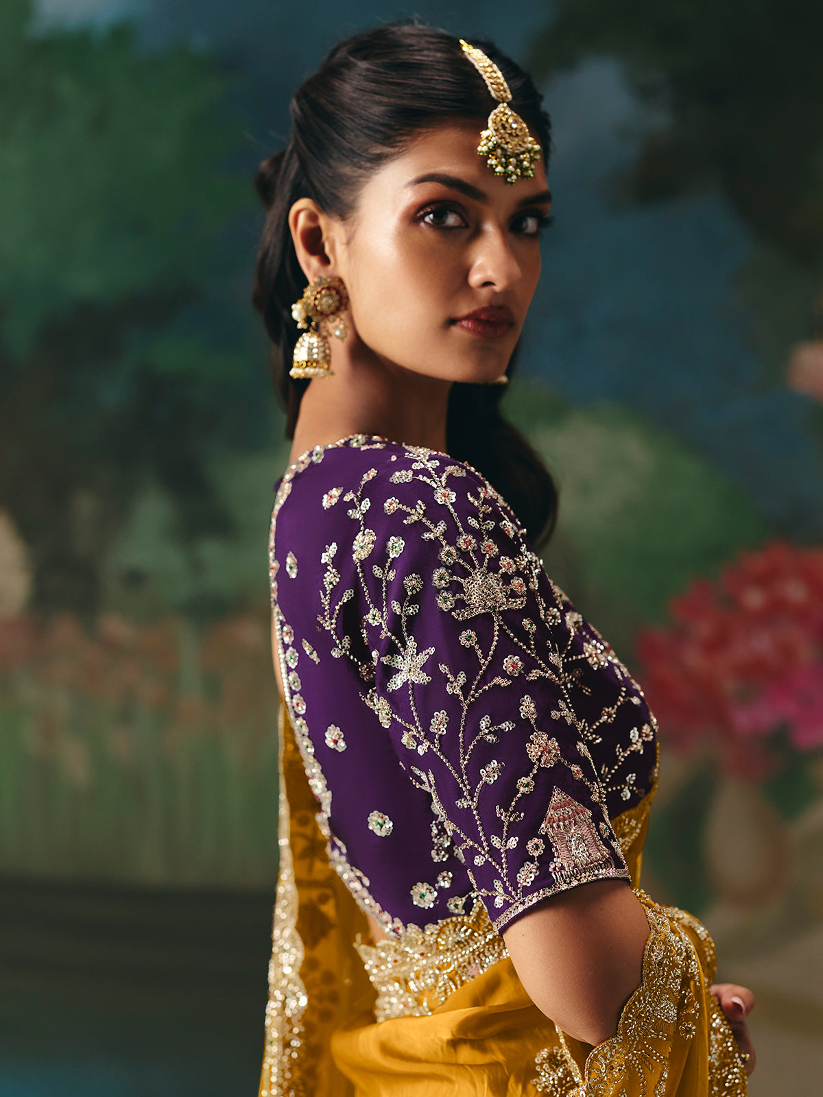 Mustard yellow chinon silk saree for wedding wear