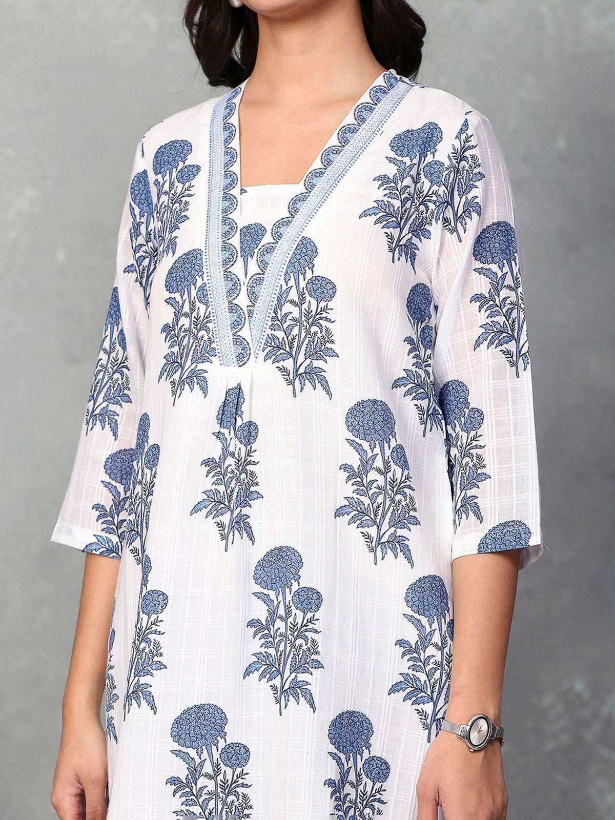 White floral printed linen cotton casual kurti