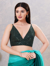 Bottle green sequin V neck blouse