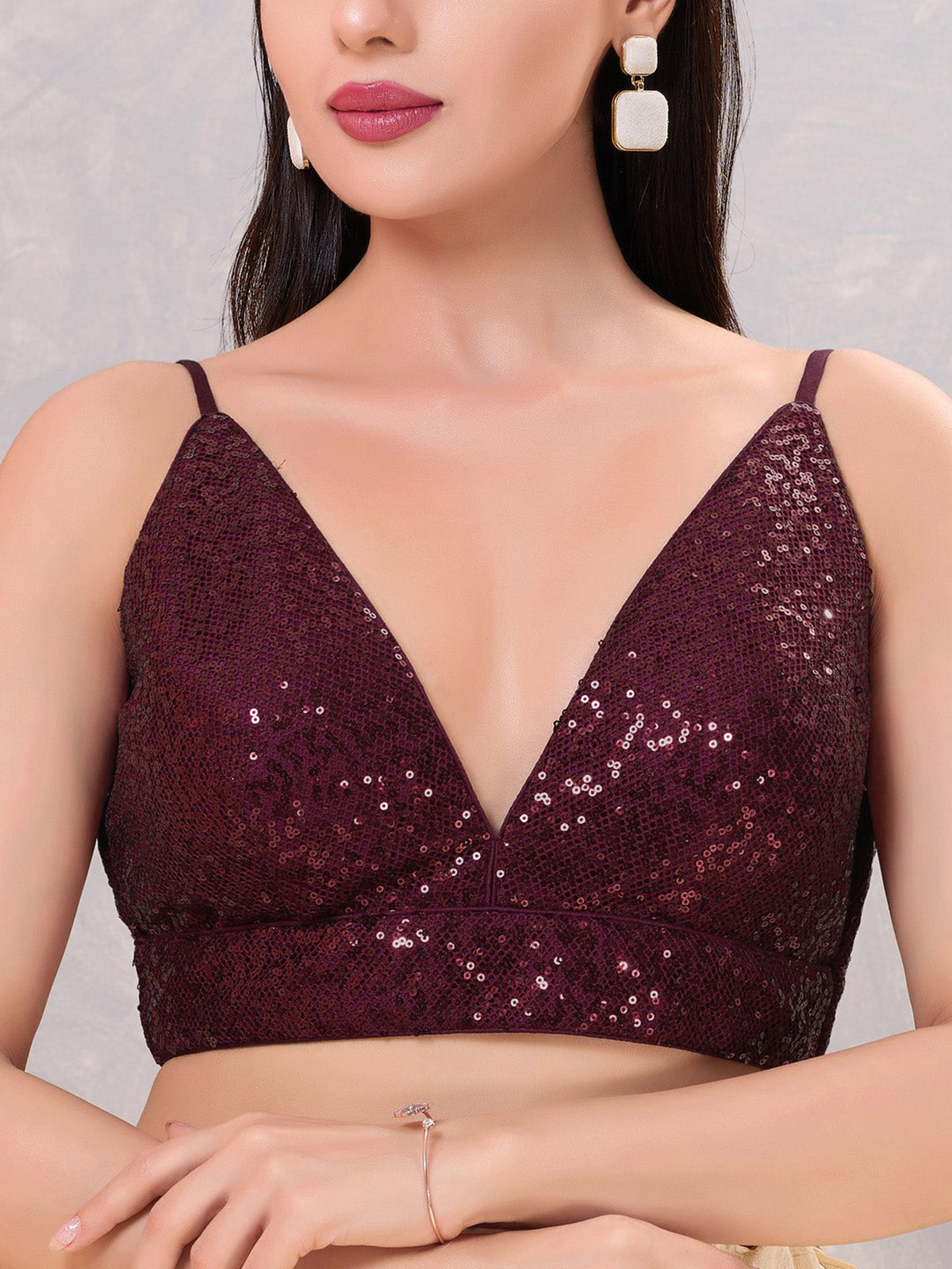 Wine sequin sleeveless back open blouse