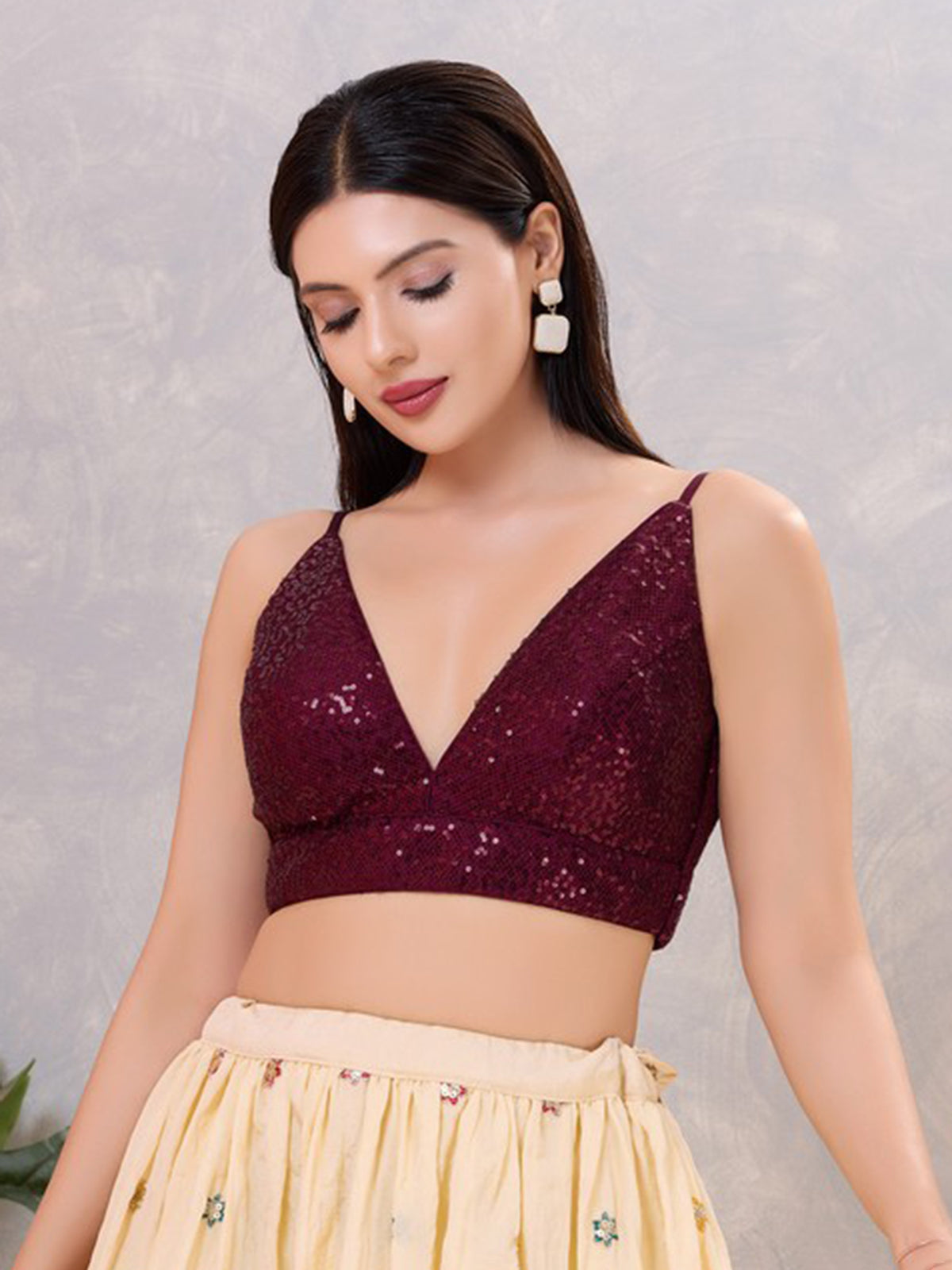 Wine sequin sleeveless back open blouse