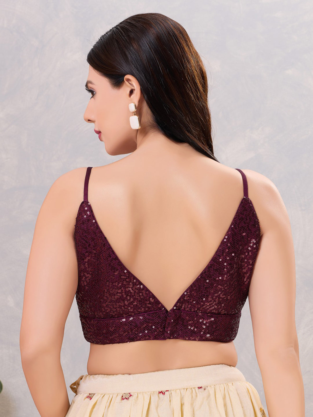 Wine sequin sleeveless back open blouse
