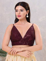 Wine sequin sleeveless back open blouse