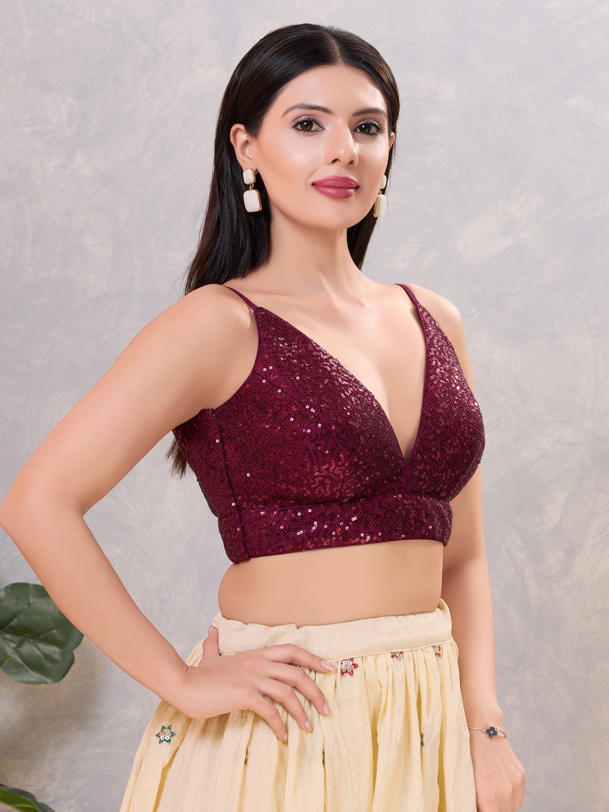 Wine sequin sleeveless back open blouse