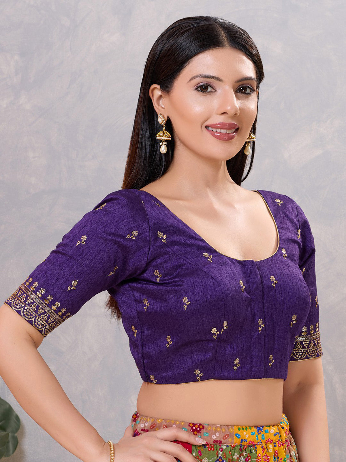 Purple silk resham and sequin work front open blouse