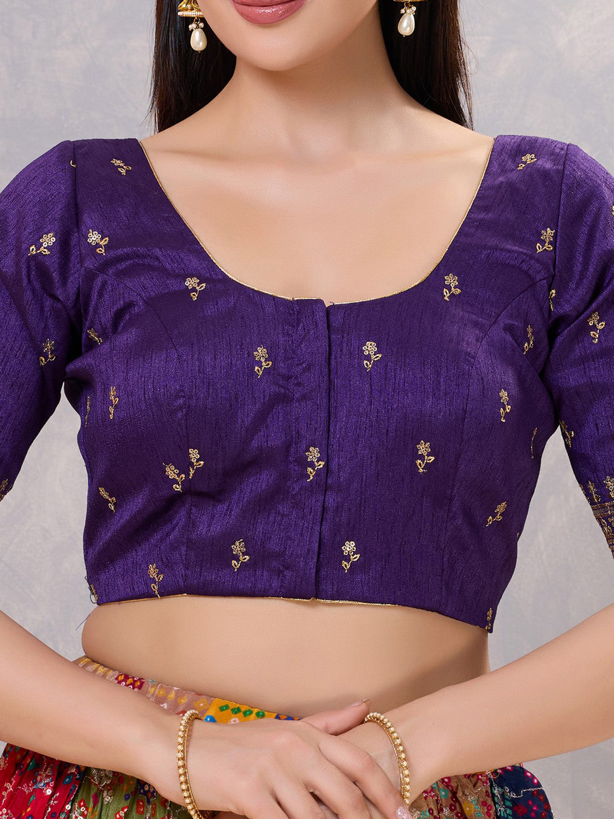 Purple silk resham and sequin work front open blouse