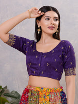 Purple silk resham and sequin work front open blouse