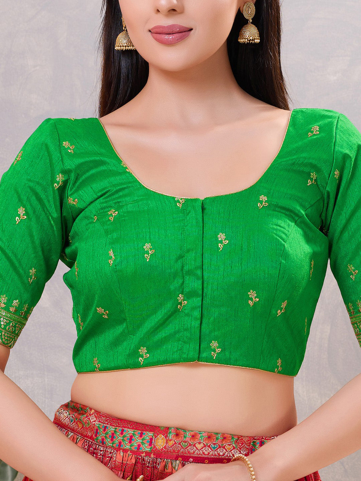 Green silk resham and sequin work front open blouse