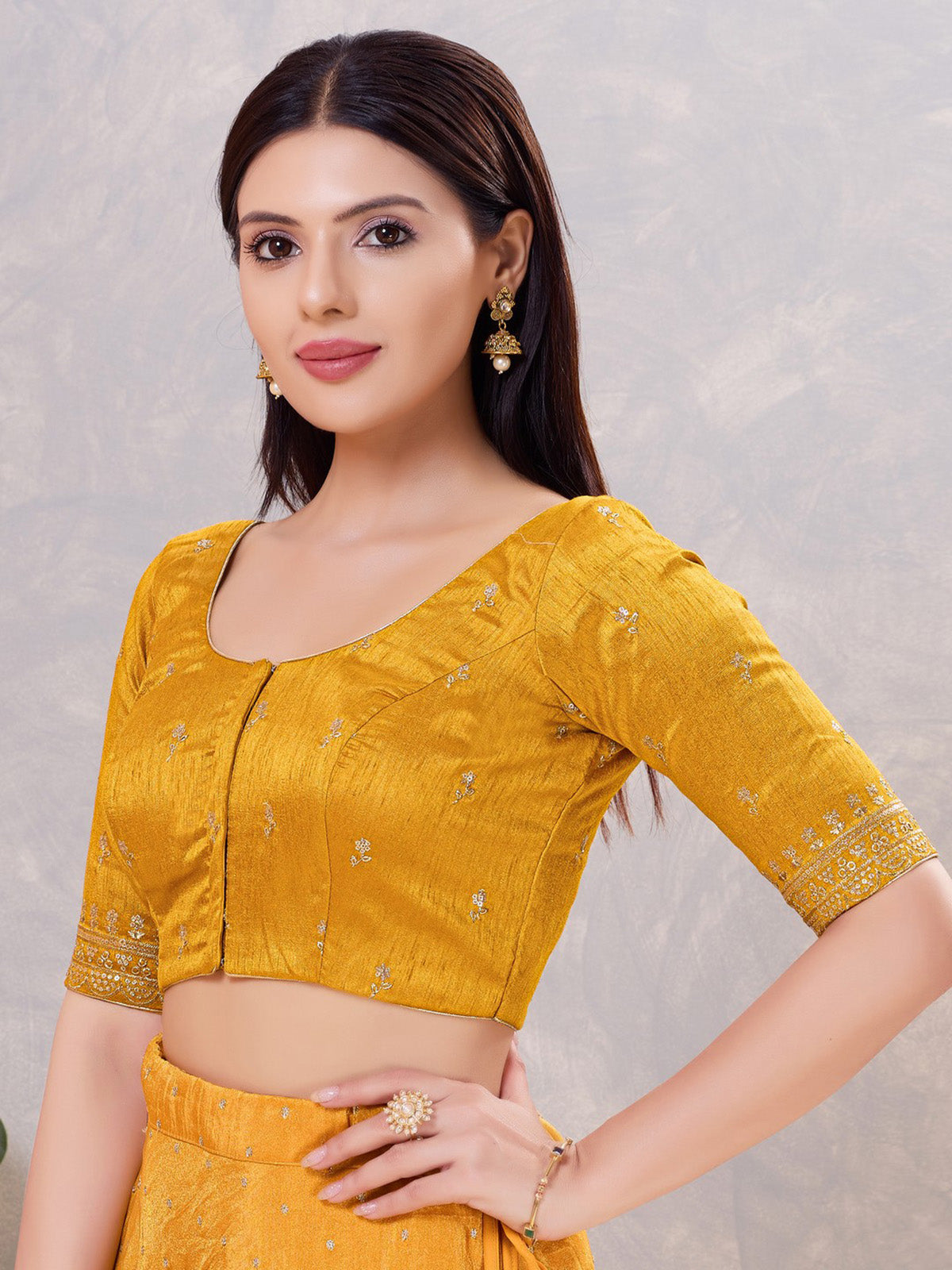 Mustard yellow silk front open blouse
