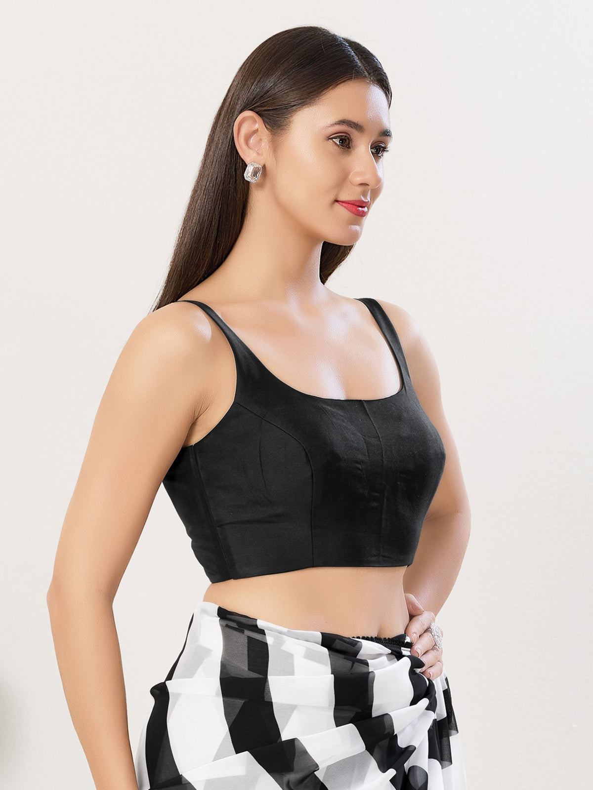 Black cotton silk sleeveless square neck blouse