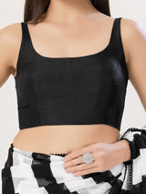 Black cotton silk sleeveless square neck blouse