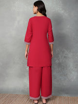 Maroon silk embroidered yoke style palazzo set