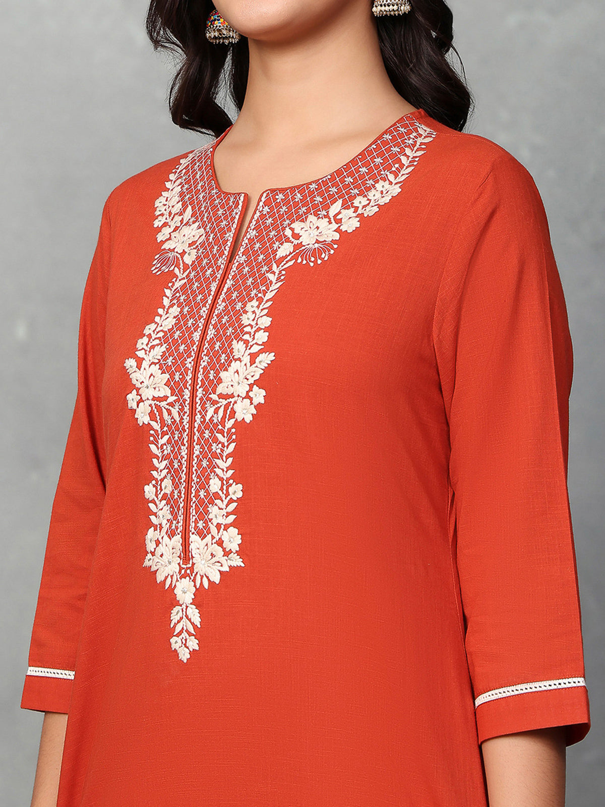 Orange silk straight cut kurti set