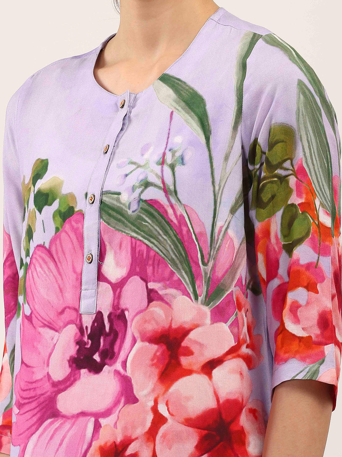 Lilac purple floral printed crepe silk kurti set