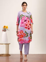 Lilac purple floral printed crepe silk kurti set