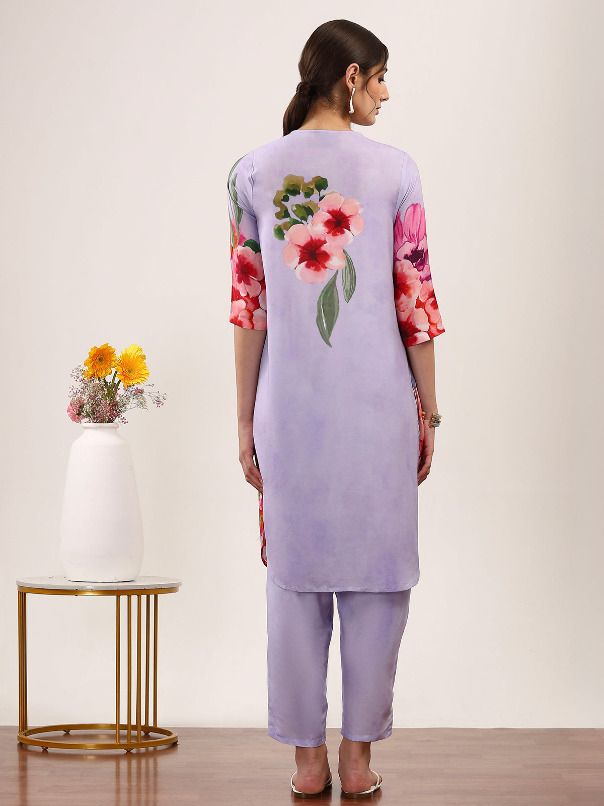 Lilac purple floral printed crepe silk kurti set