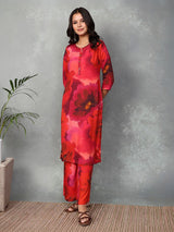Red floral printed crepe silk kurti set