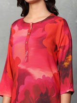 Red floral printed crepe silk kurti set
