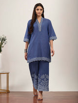 Stone blue printed silk kurti set for women