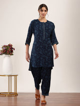 Navy blue floral printed silk kurti set