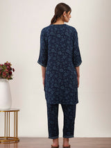 Navy blue floral printed silk kurti set