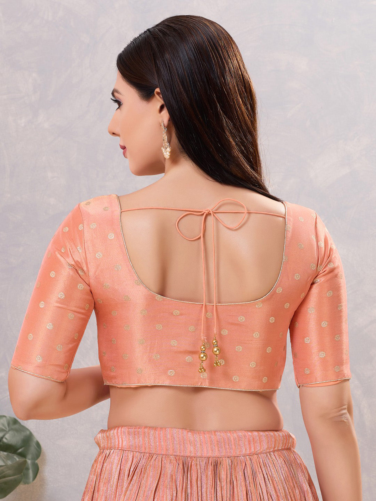 Peach silk zari workand round neck blouse