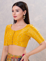Mustard yellow silk zari front open blouse