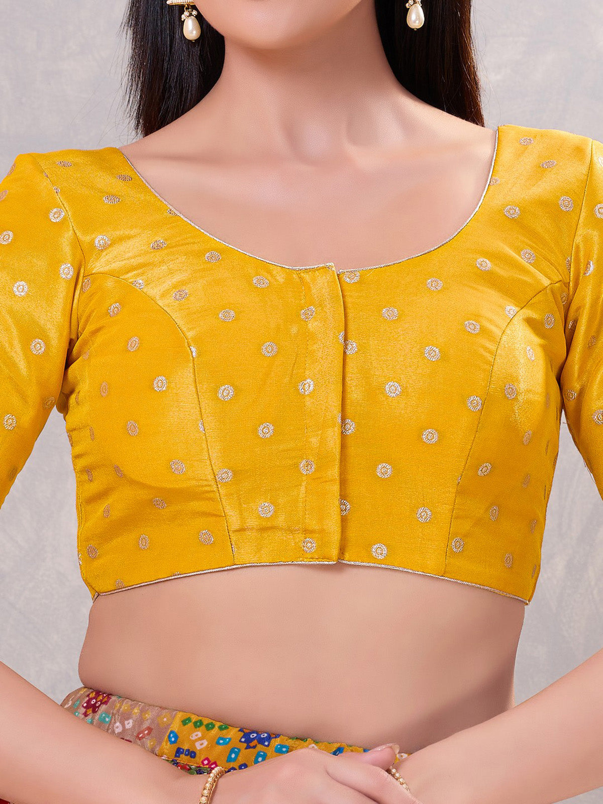 Mustard yellow silk zari front open blouse