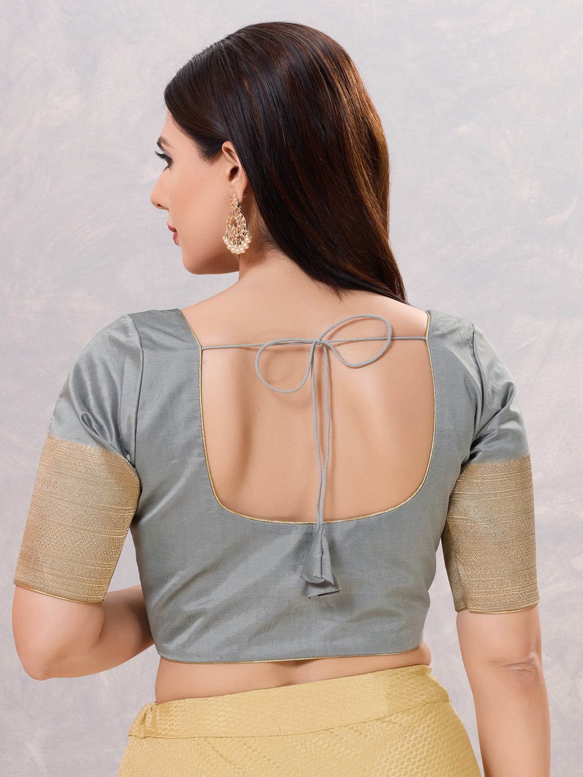Grey silk zari work front open blouse