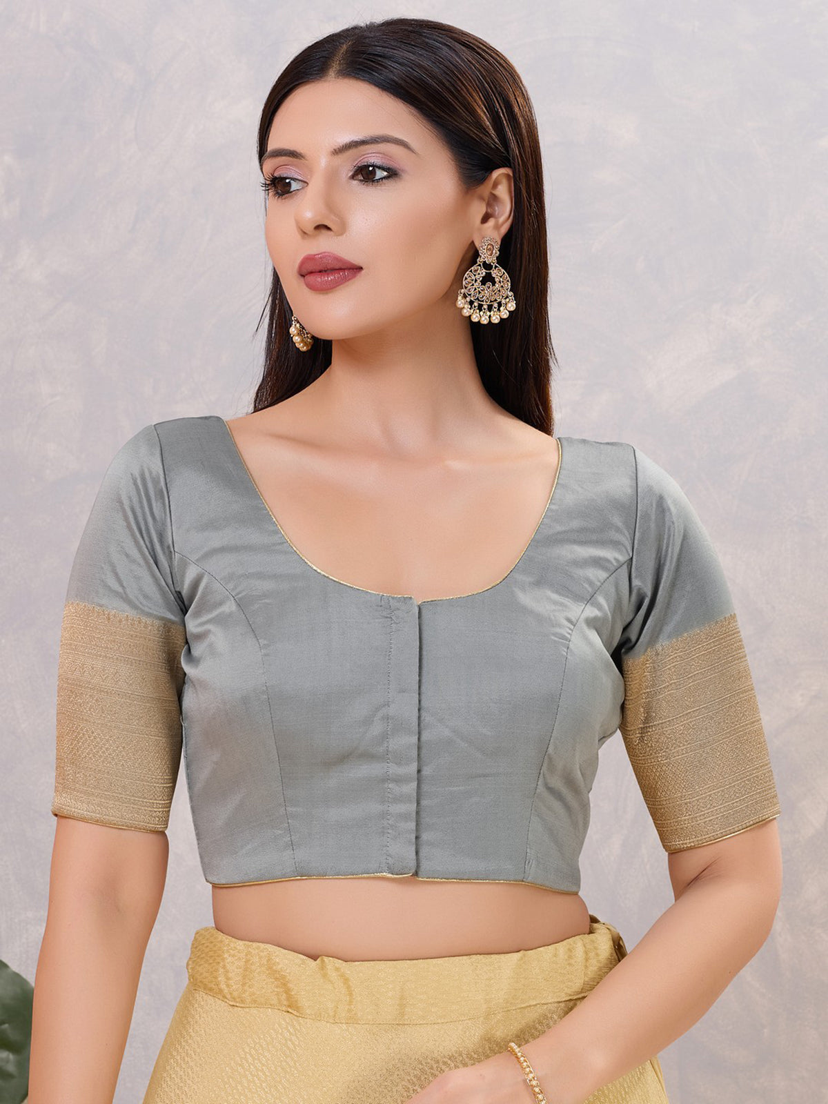 Grey silk zari work front open blouse