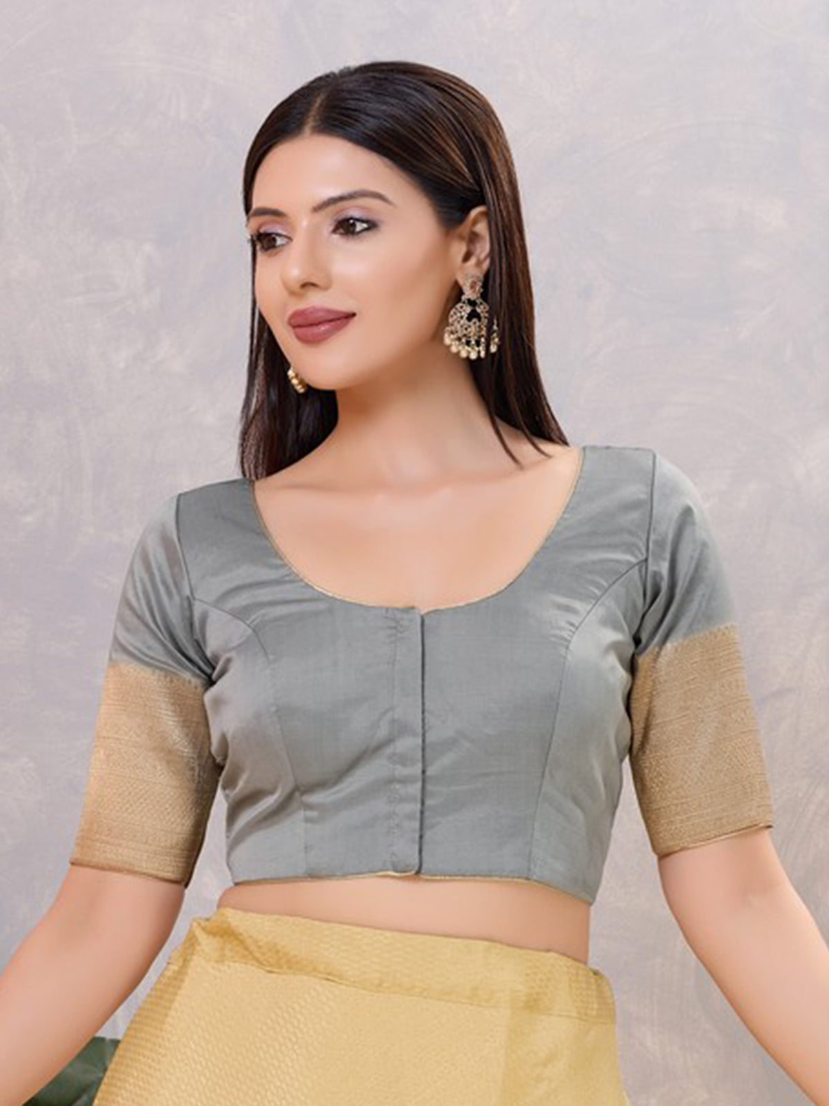 Grey silk zari work front open blouse
