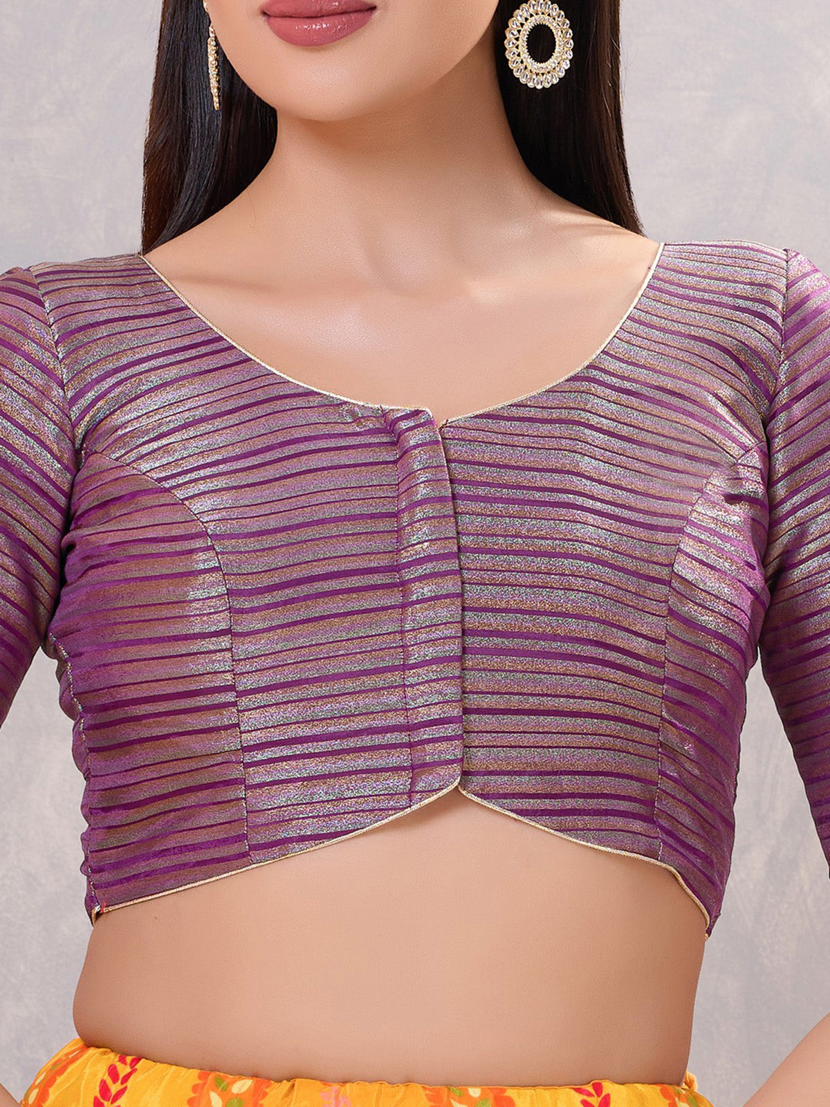 Purple zari silk front open round neck blouse