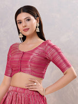 South pink zari silk round neck elbow sleeve blouse