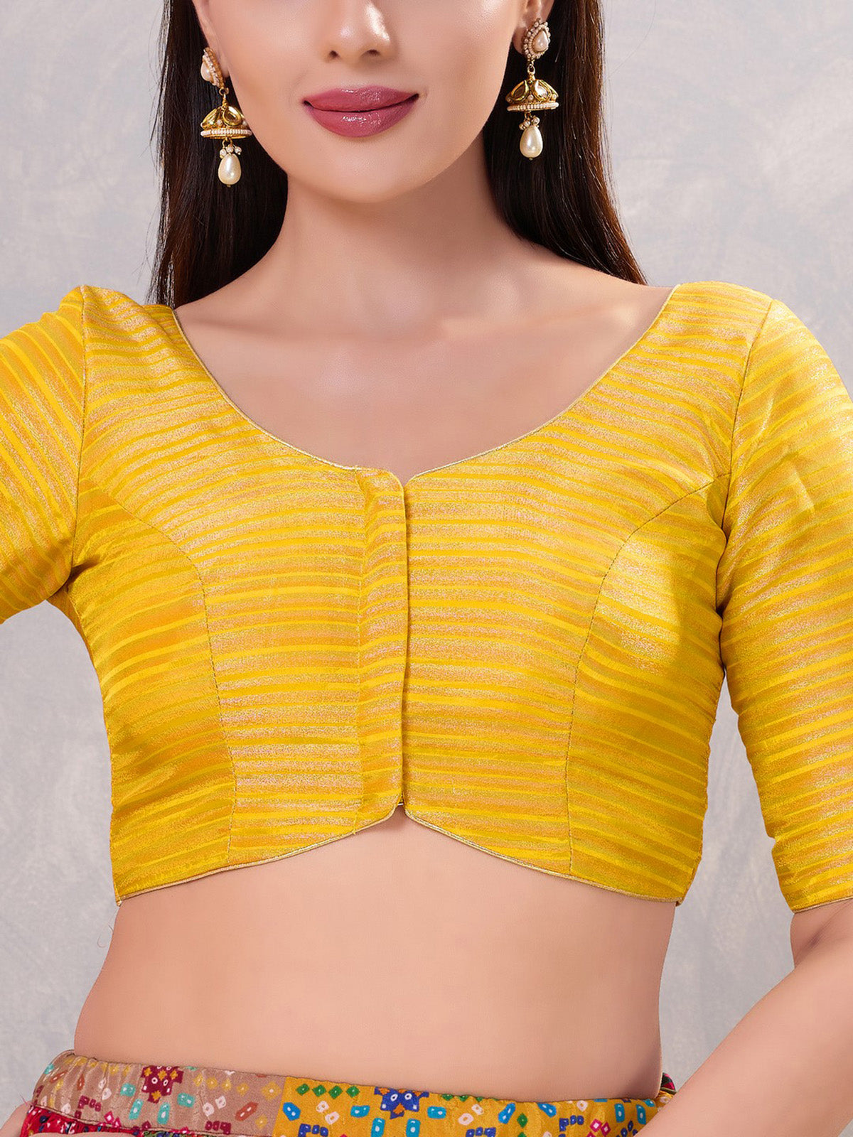Mustard yellow zari silk front open blouse