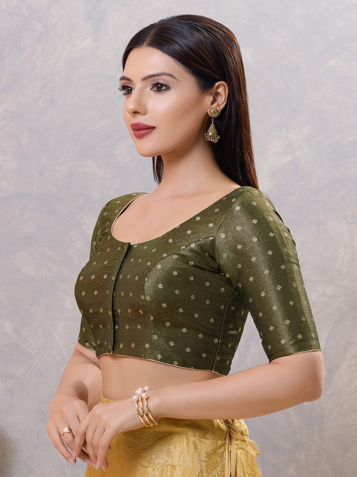Mehendi green zari silk round neck blouse